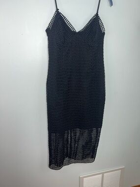 NICHOLAS Black Crochet Midi Slip Dress Sheer Strappy Bodycon US 6 Cocktail